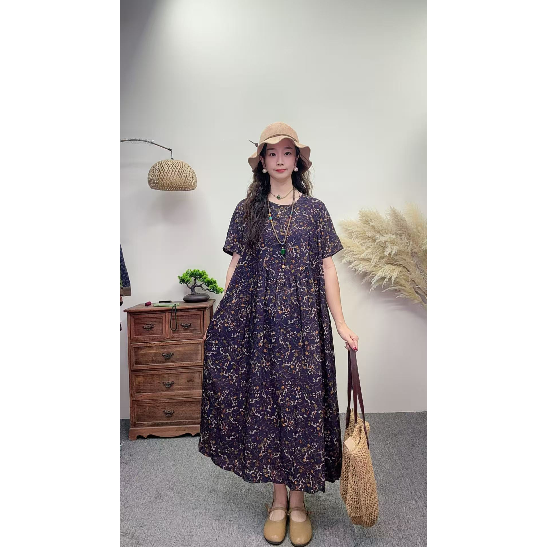 5443夏季新款清凉气质时尚复古遮肚宽松女显瘦百搭圆领休闲连衣裙