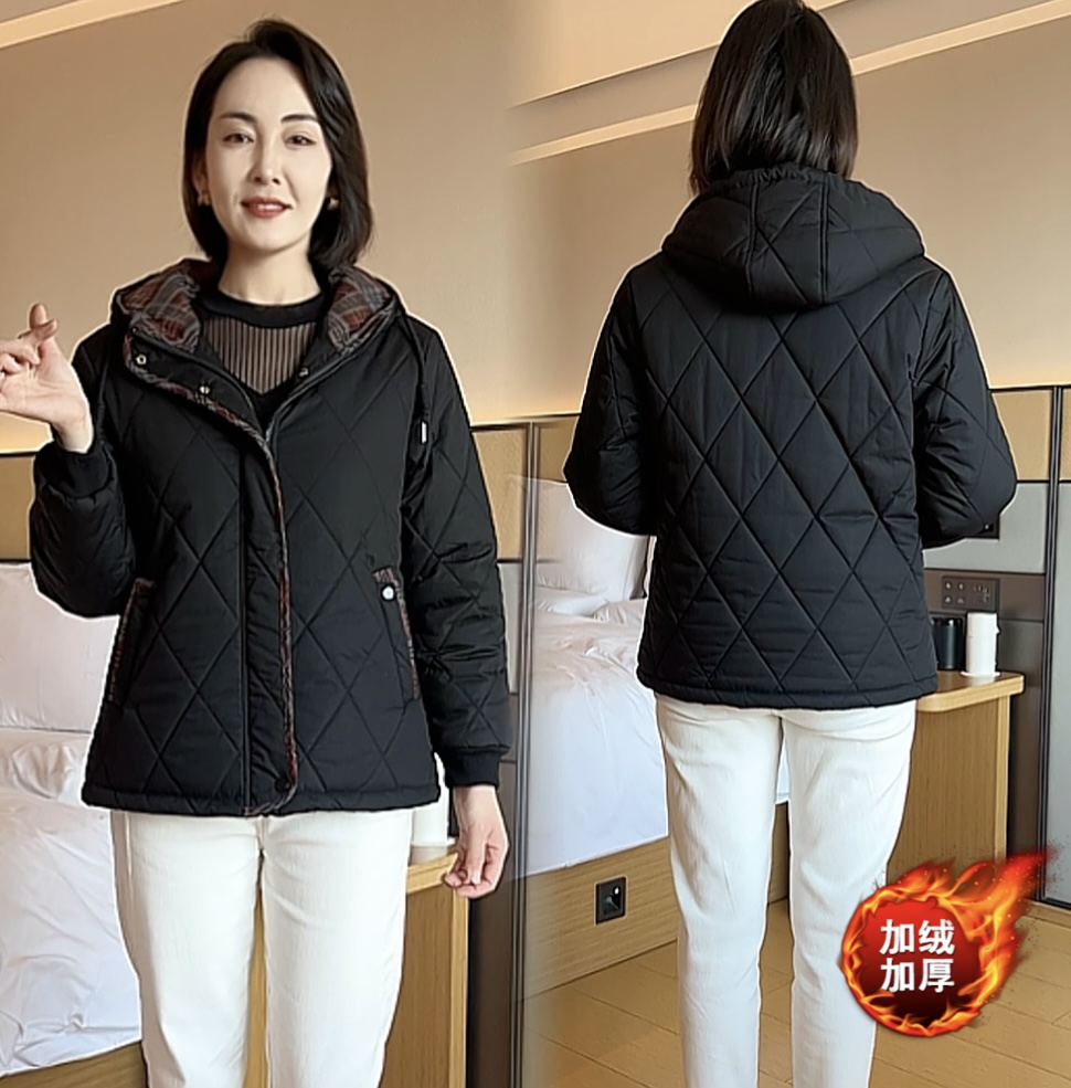 高档休闲连帽压格宽松棉衣女2025秋冬女士保暖棉服外套中年妈妈装