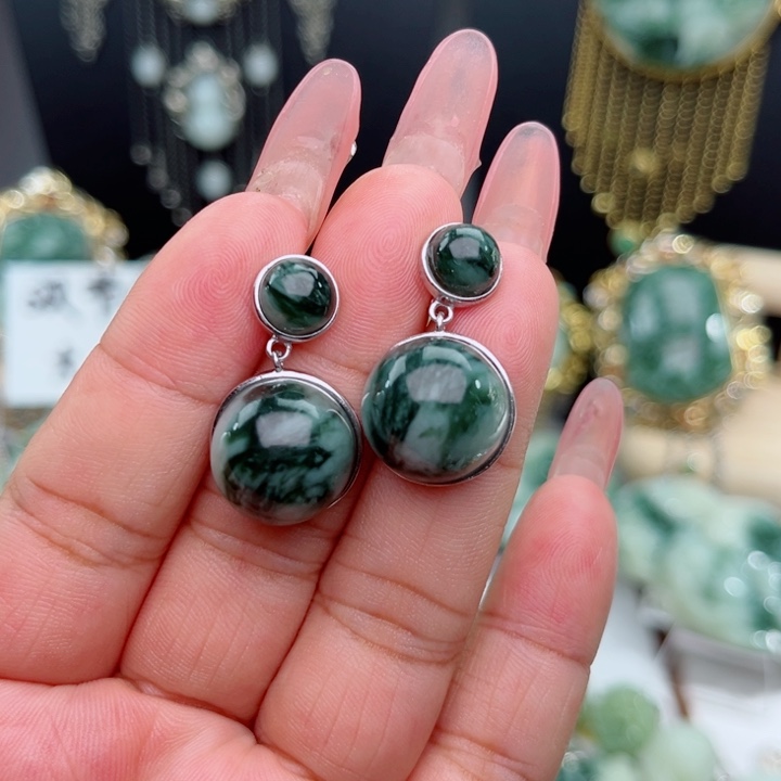 惜***缘透闪石-蛇纹石玉银S925镶嵌耳坠