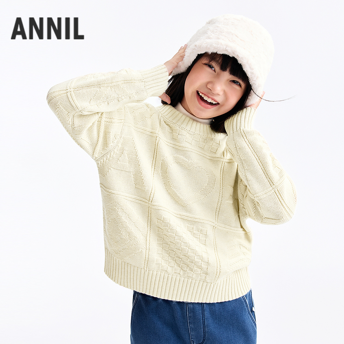 女童圆领长袖针织衫毛衣保暖大童秋冬冬季新款安奈儿童装EG544660