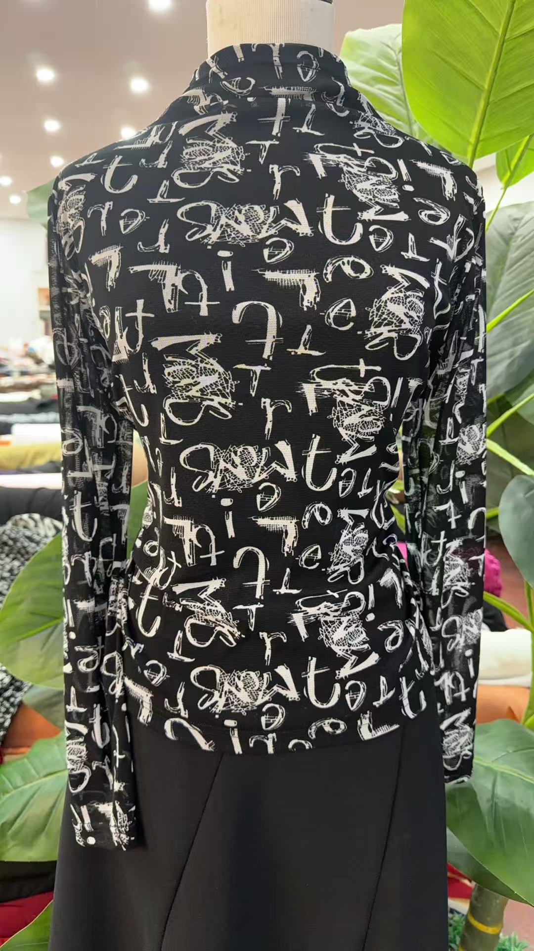 新款百搭双层印花网纱长袖上衣