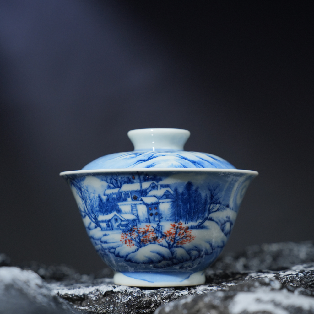 景琳藏雪景山水冬日暖阳盖碗 景德镇全手工手绘中式送礼茶碗茶器