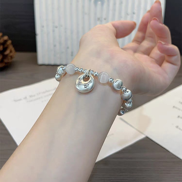 足银手链 复古小众甜美拉丝足银999猫眼珠手链手工时尚百搭手饰银