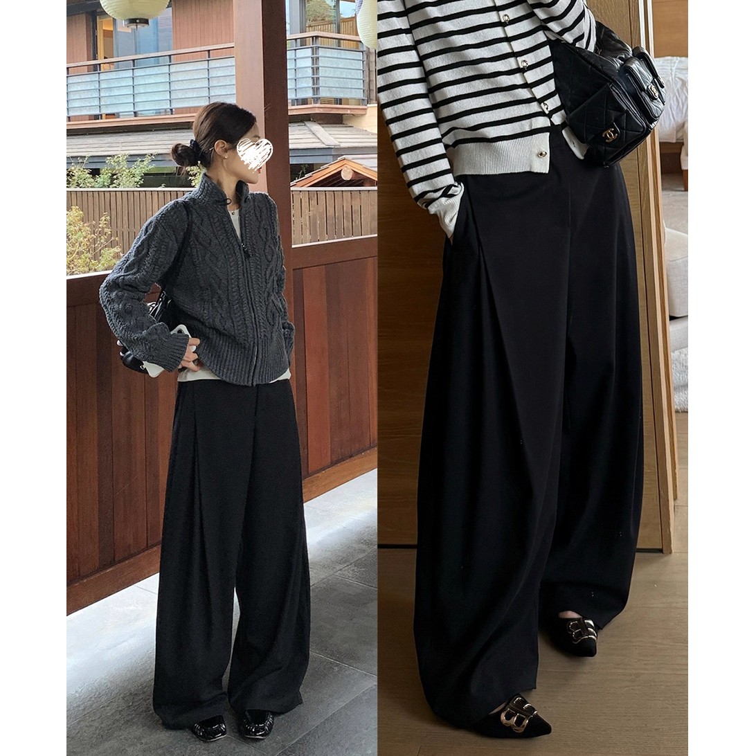 Miss sumey#1575自制侧边褶皱设计款直筒裤秋冬厚款长裤休闲西裤