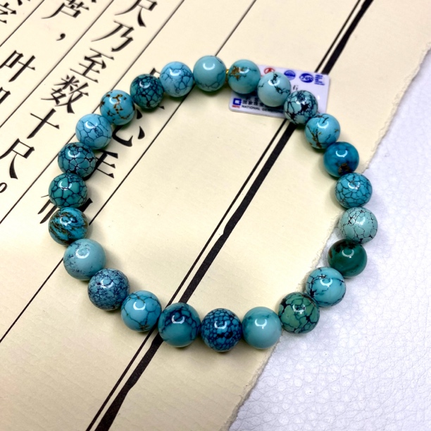 天然原矿绿松石瓷釉级圆珠手串8.4mm重21克高瓷高色地大质检