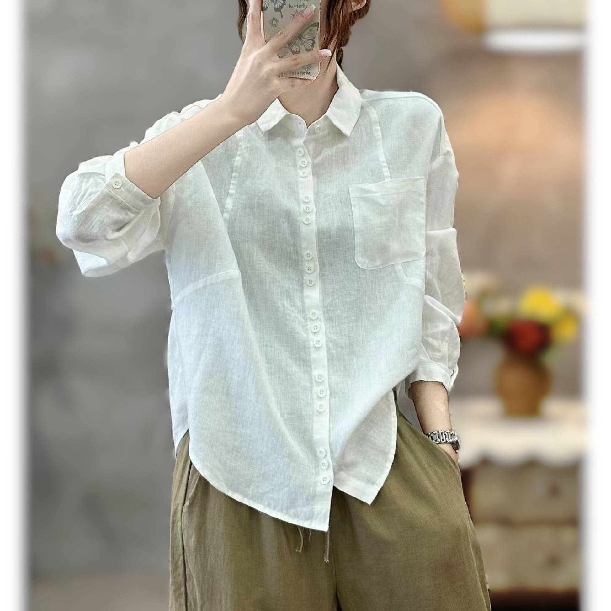 秋季新品100%雨露亚麻女长袖衬衫文艺风多道立体裁剪气质百搭外套