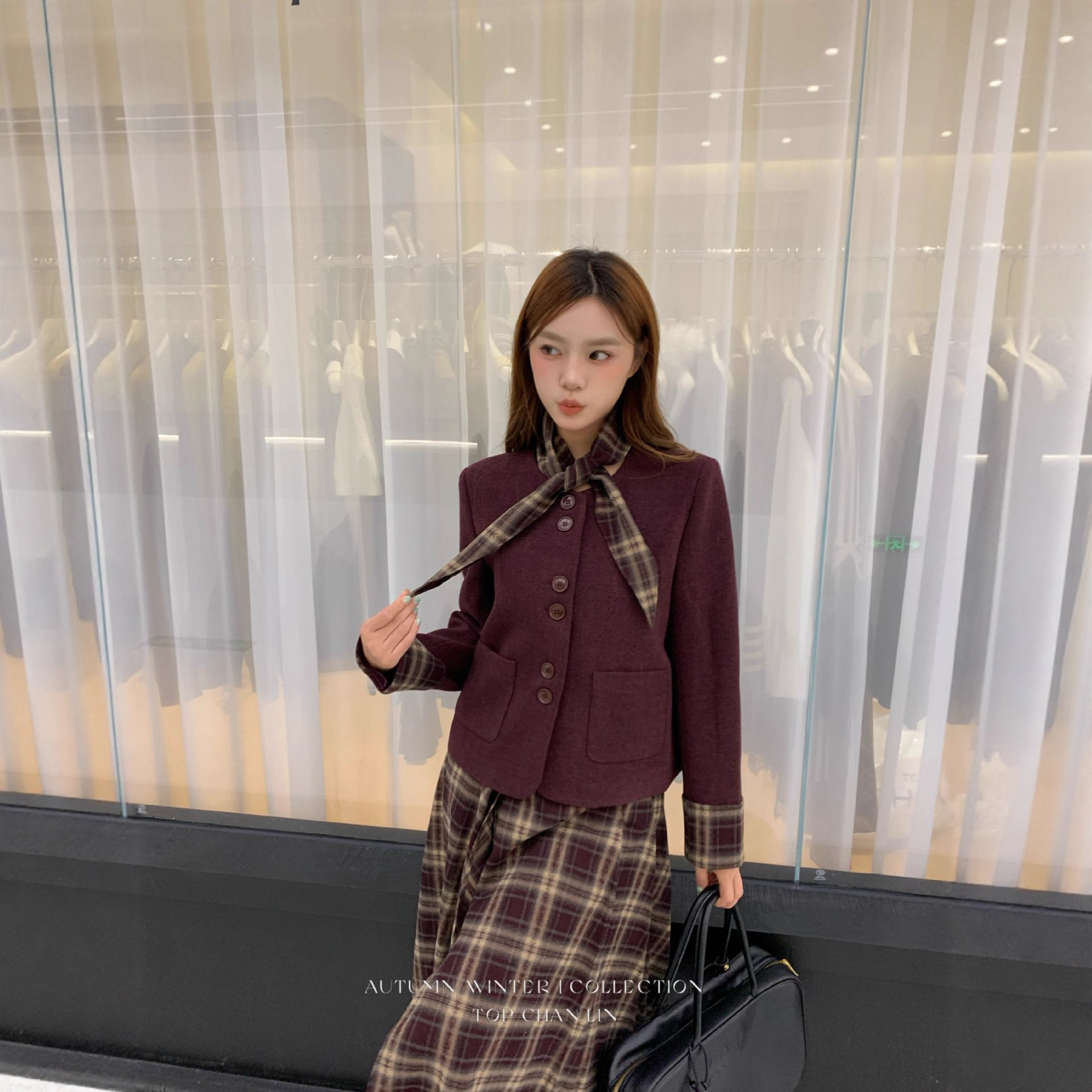 topchanlin2025秋季复古带围巾毛呢短外套女韩版小香风上衣女