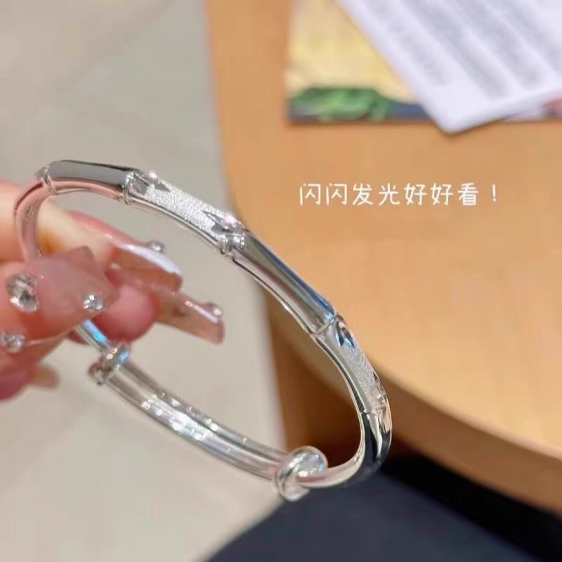 足银手镯 B28足银手镯磨砂节节高竹节推拉款实心金典时尚百搭
