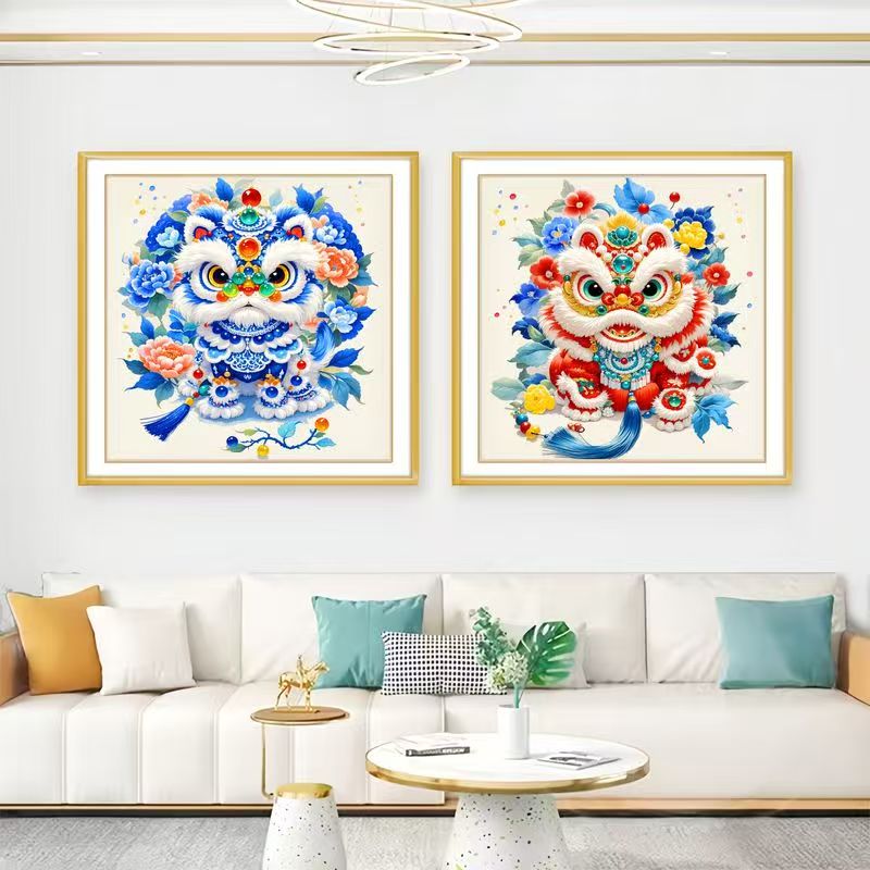 醒狮十字绣2025新款新中式高级感古绢布非满绣