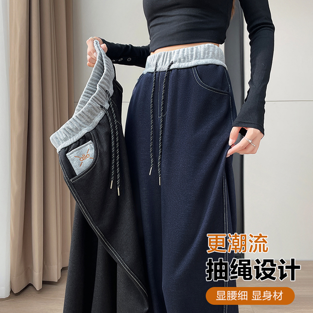 冬季大码新款牛仔裤女秋冬加绒加厚高腰宽松显瘦直筒新款潮牌女装