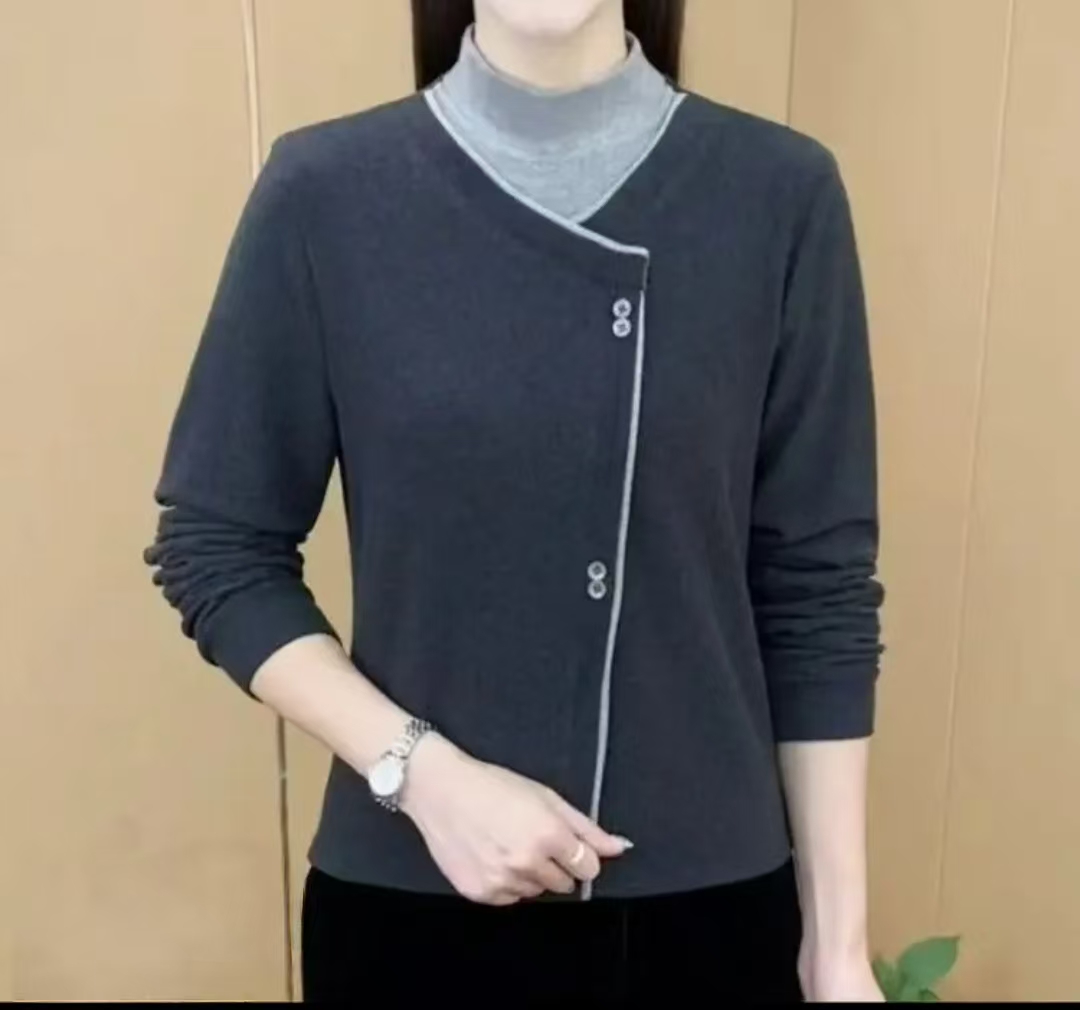 2025年秋冬新品半高领假两件打底衫气质女主纯色长袖上衣