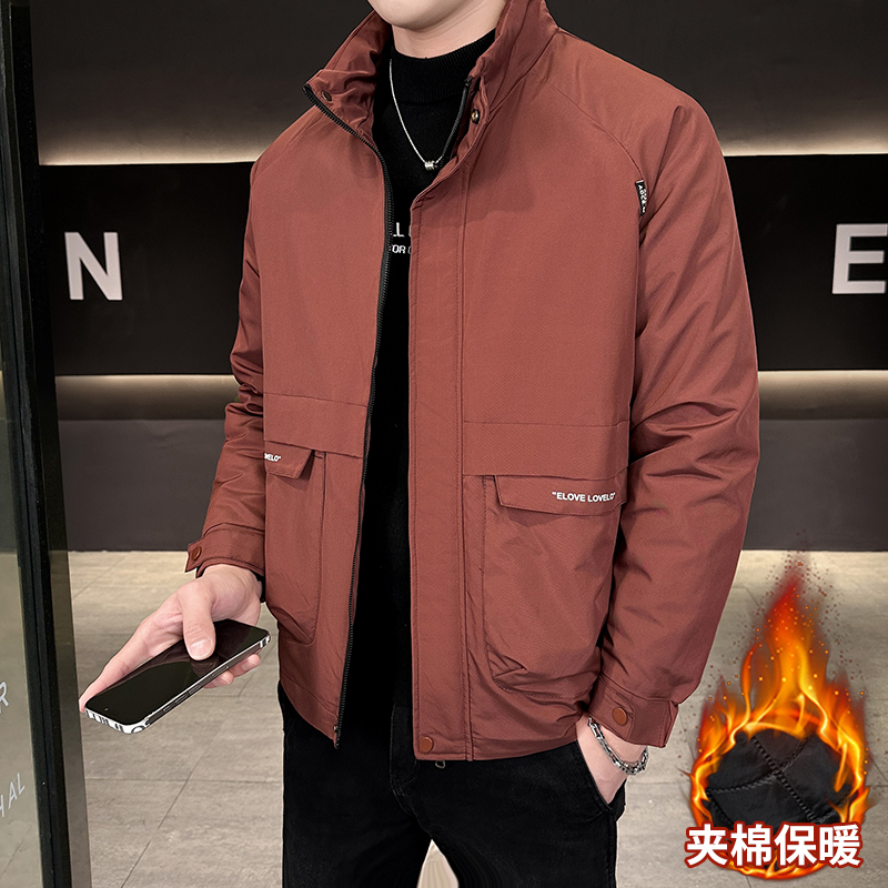 加棉加厚立领夹克男士秋冬季宽松保暖工装外套中青年休闲上衣服