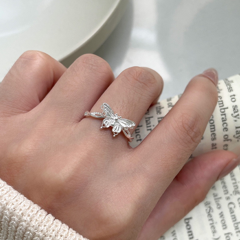 足银戒指 足银999 精致立体甜美小清新蝴蝶活口纯银戒指 J8187 