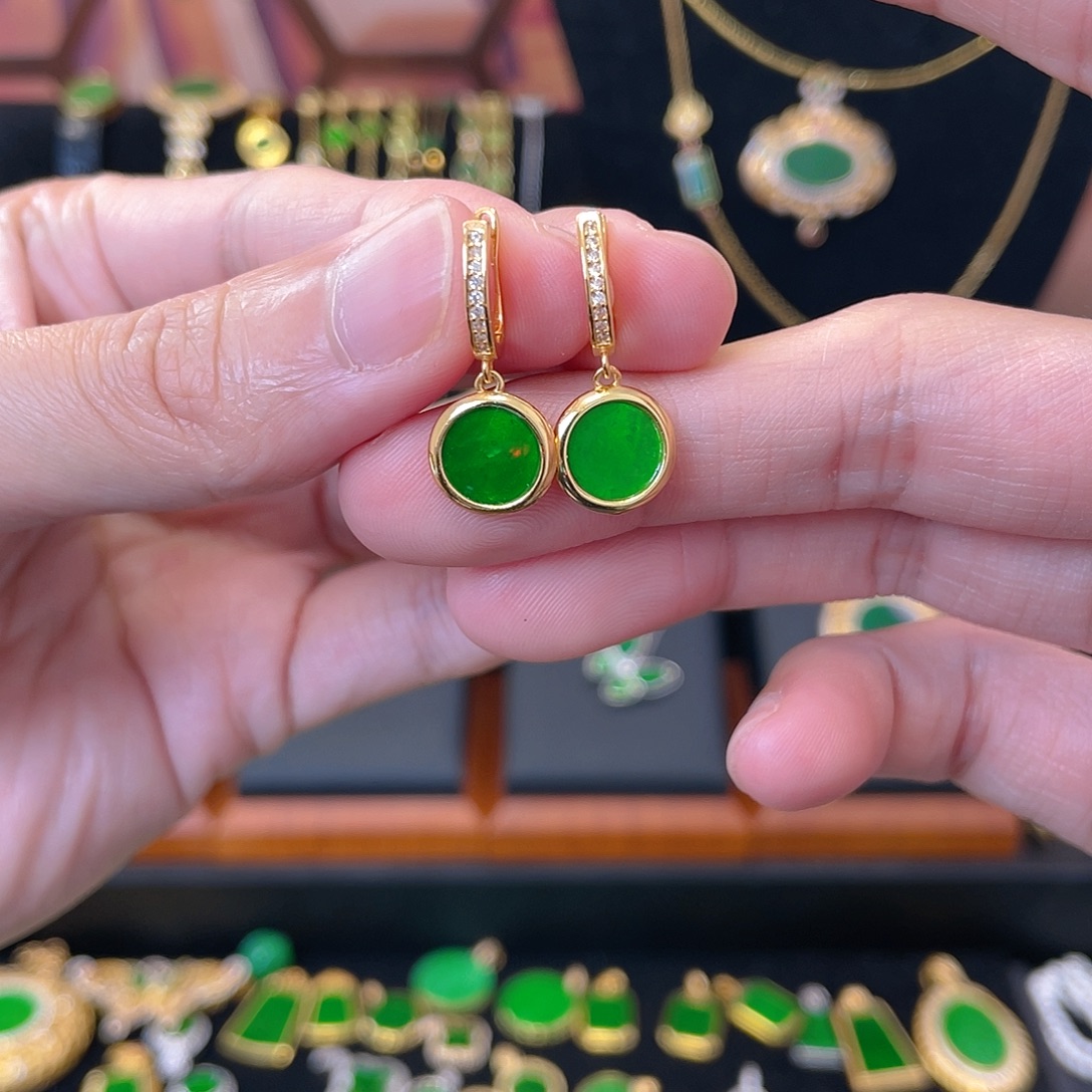 翡翠银S925镀金镶嵌耳饰