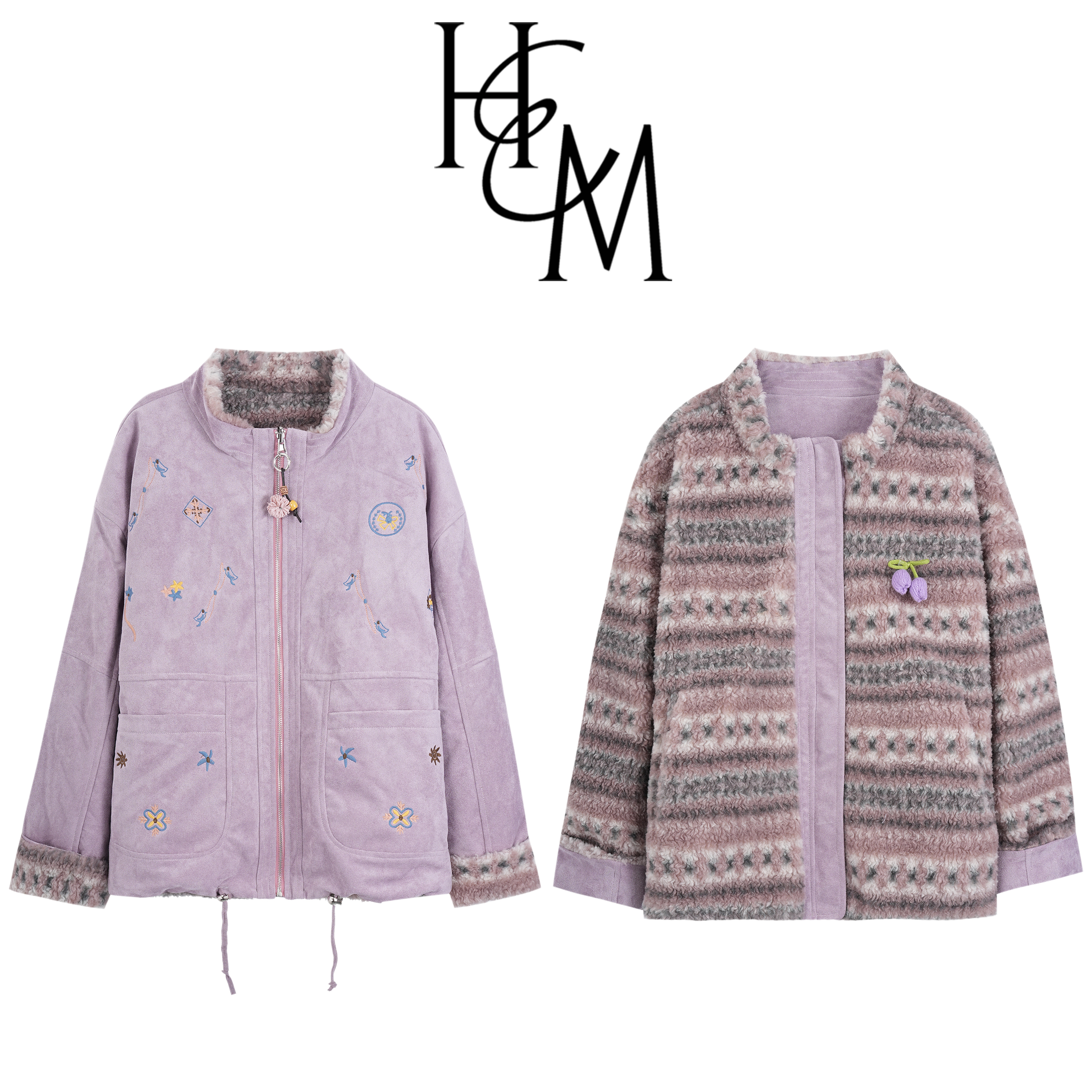 【正反两穿】冬季麂皮绒绣花厚外套+胸针【17093C款】