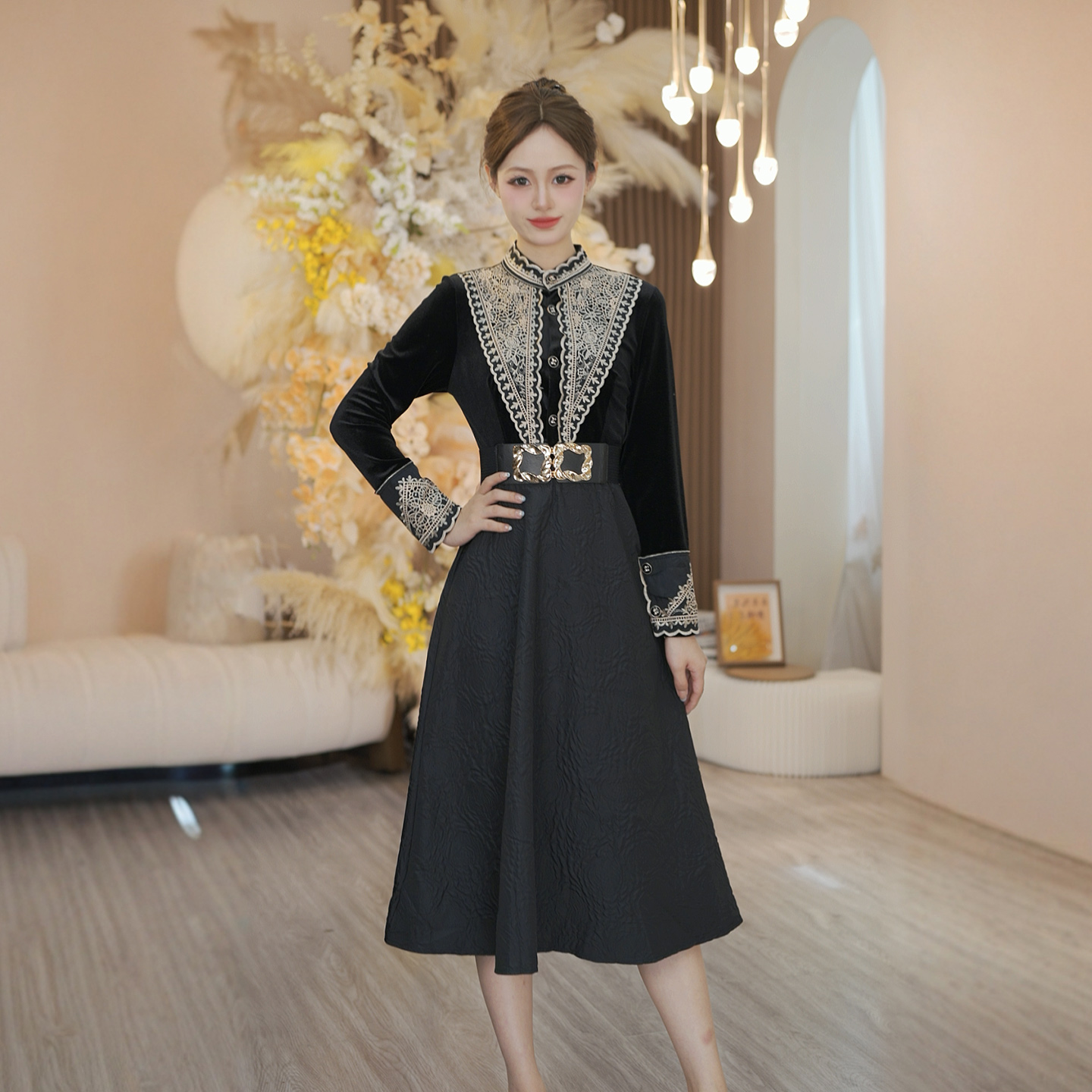 B【有里布】黑色复古女冬时尚高级感法式连衣裙赫本风礼服裙子2466