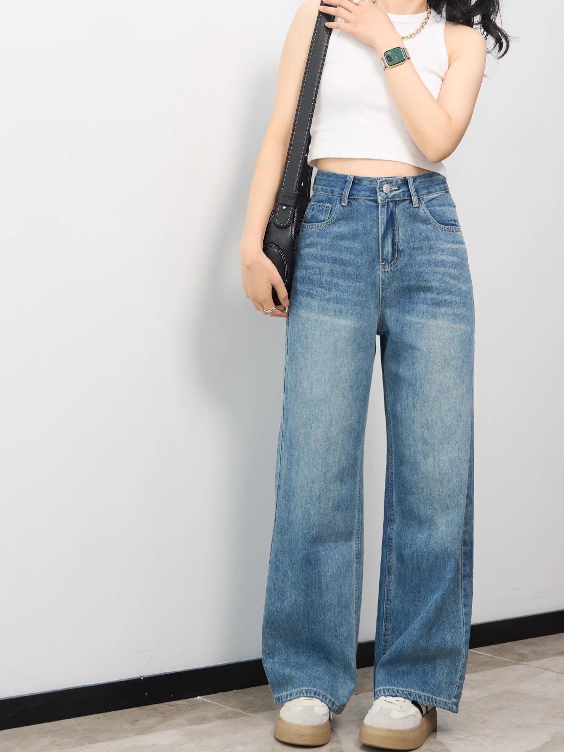 85866垂坠感阔腿裤女宽松显瘦春夏新款浅色高腰休闲牛仔拖地裤