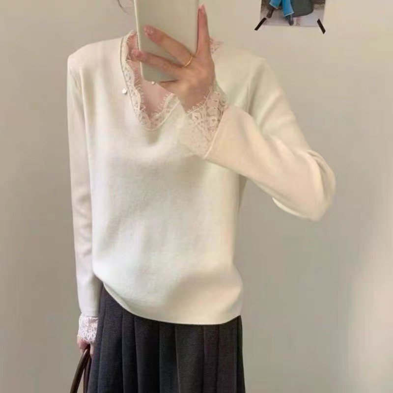 法式V领蕾丝拼接设计感针织衫女2025新款气质百搭显瘦内搭打底衫