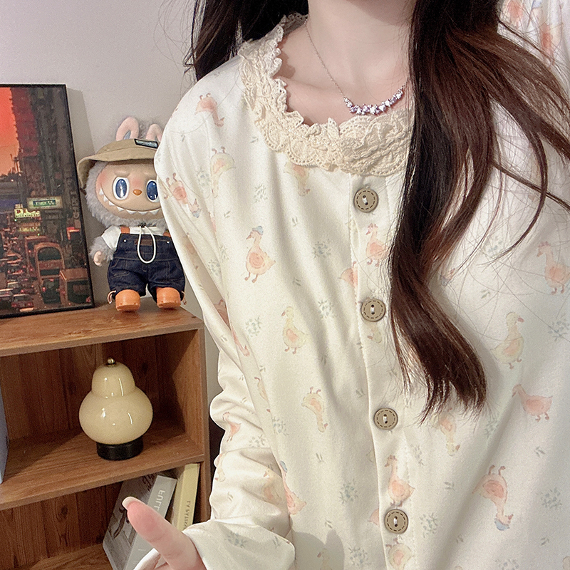 德绒田园鸭带胸垫睡衣女生秋冬季长袖长裤韩版加厚保暖家居服套装