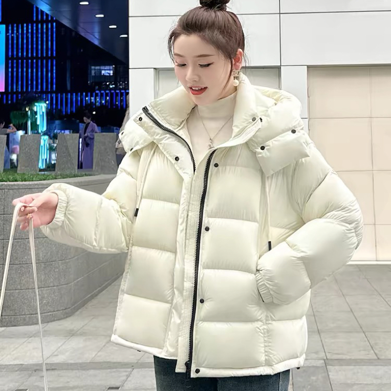 00223米白色连帽保暖女2025冬季新款宽松加厚抗寒短款面包服外套