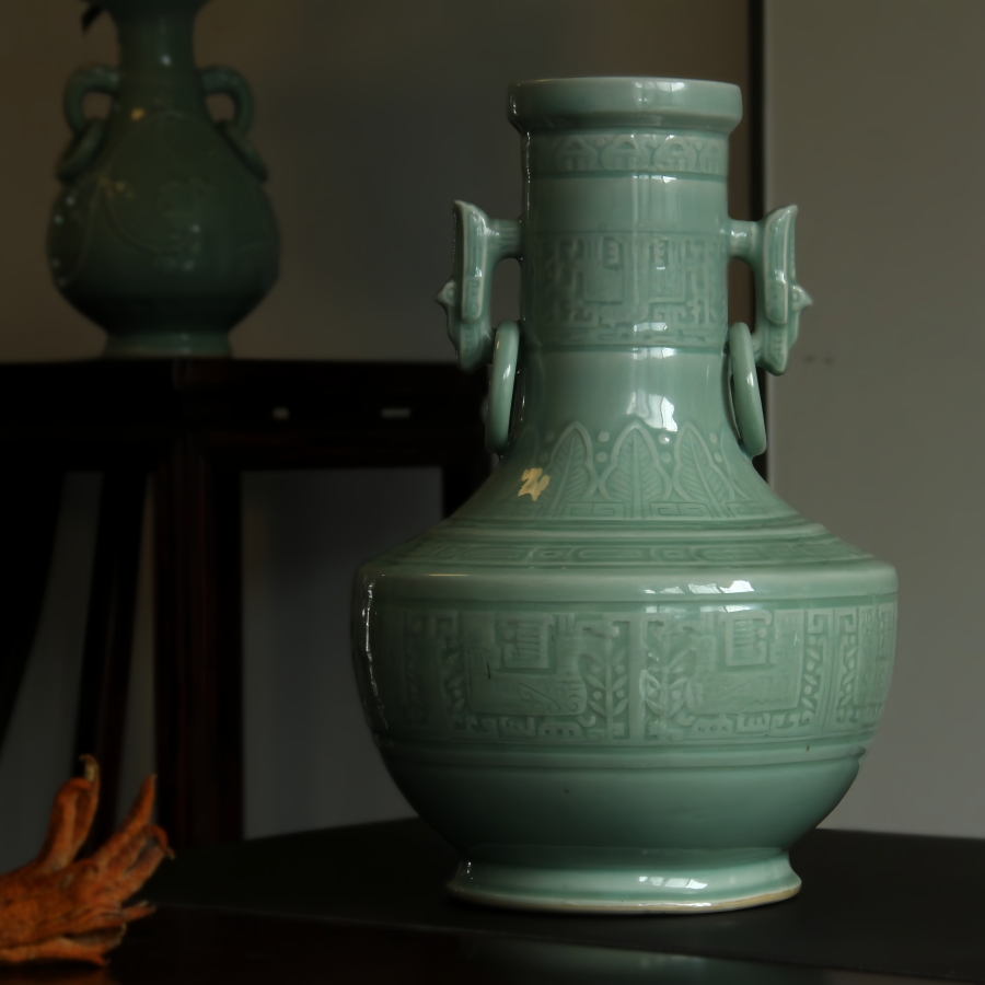 龙泉青瓷上样国营瓷厂老柴窑烧制梅子青双耳瓶中式瓷器中古风