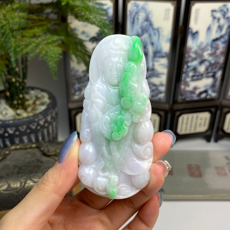 飘阳绿自在观音挂件手把件摆件 天然翡翠A货