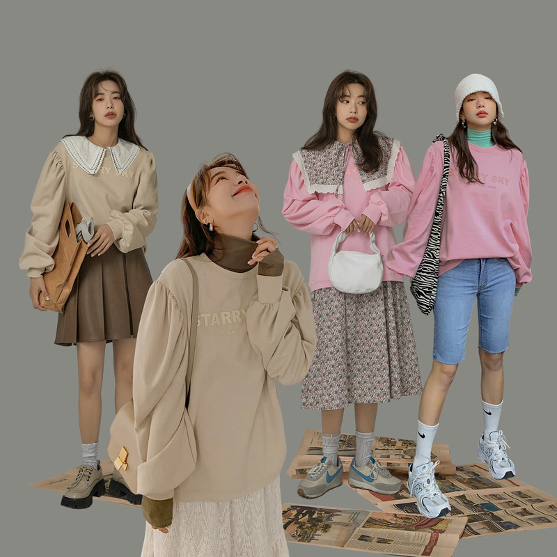 CHUU圆领泡泡袖印花卫衣