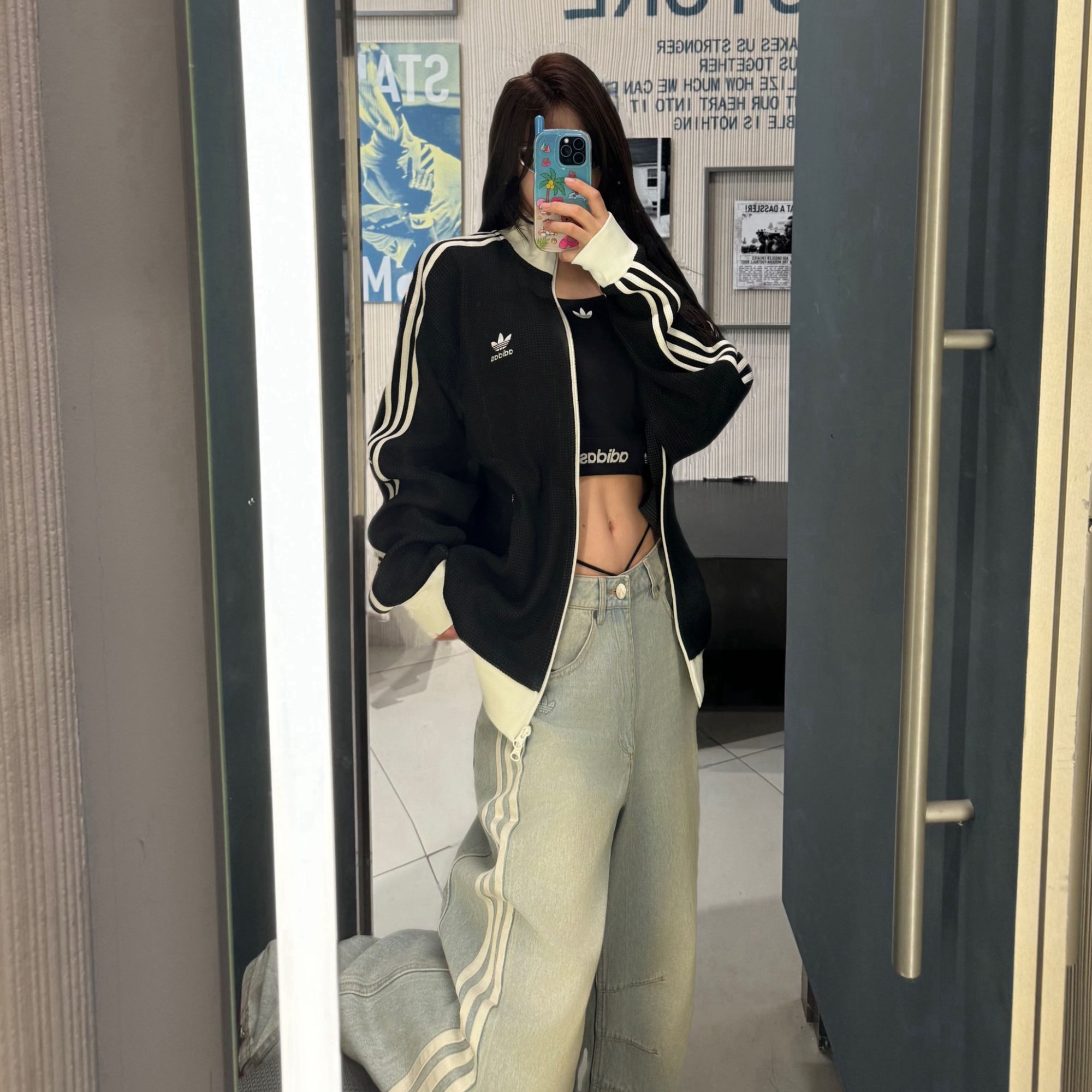 adidas三叶草梓渝同款华夫格立领运动宽松夹克外套KC2618KC2619Y