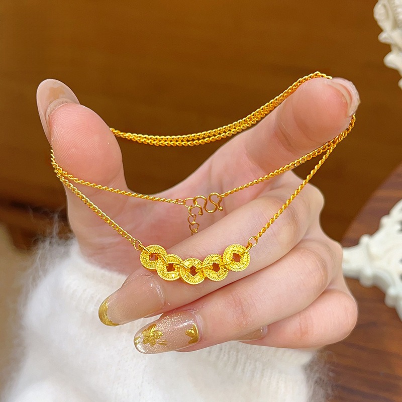 【矿金手工制作】 龙鳞碎冰冰五帝钱项链钱币钱多多锁骨链百搭