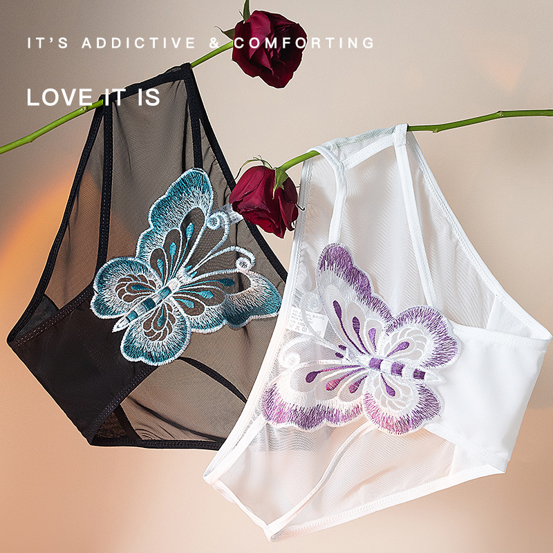 2025新款刺绣蝴蝶蕾丝内裤女款透气网纱无痕镂空轻薄女士三角短裤