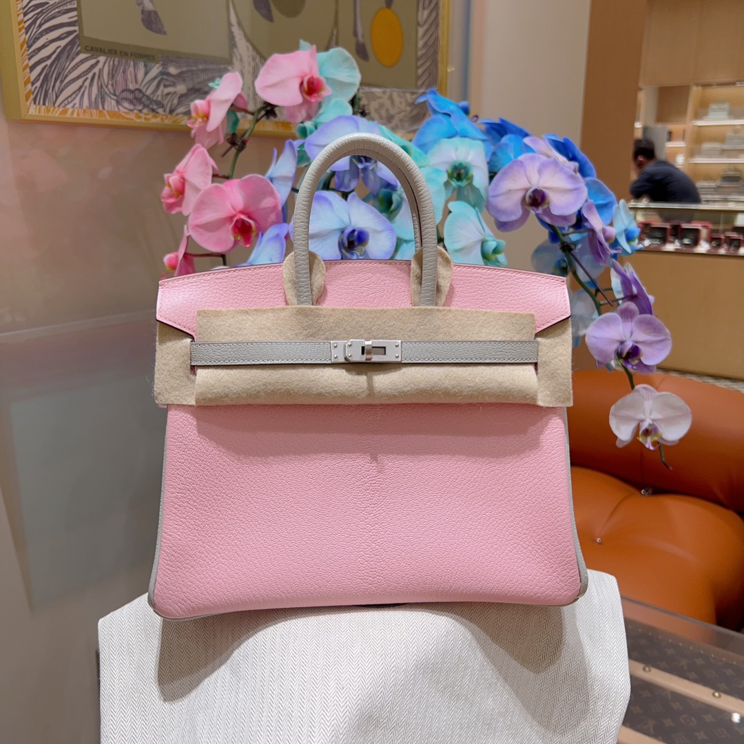全新未使用 Hermes/爱马仕 Birkin25 樱花粉拼珍珠灰 银扣马蹄刻 