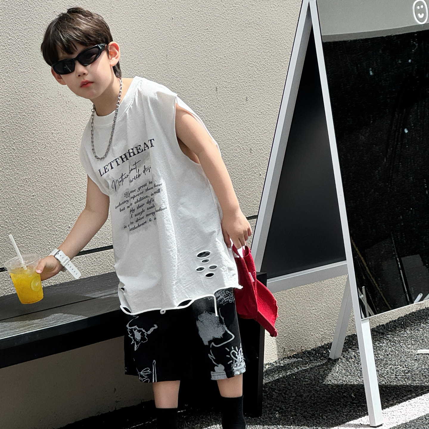 2025夏季新款韩版男童时尚百搭美式字母坎肩T恤短袖儿童上衣