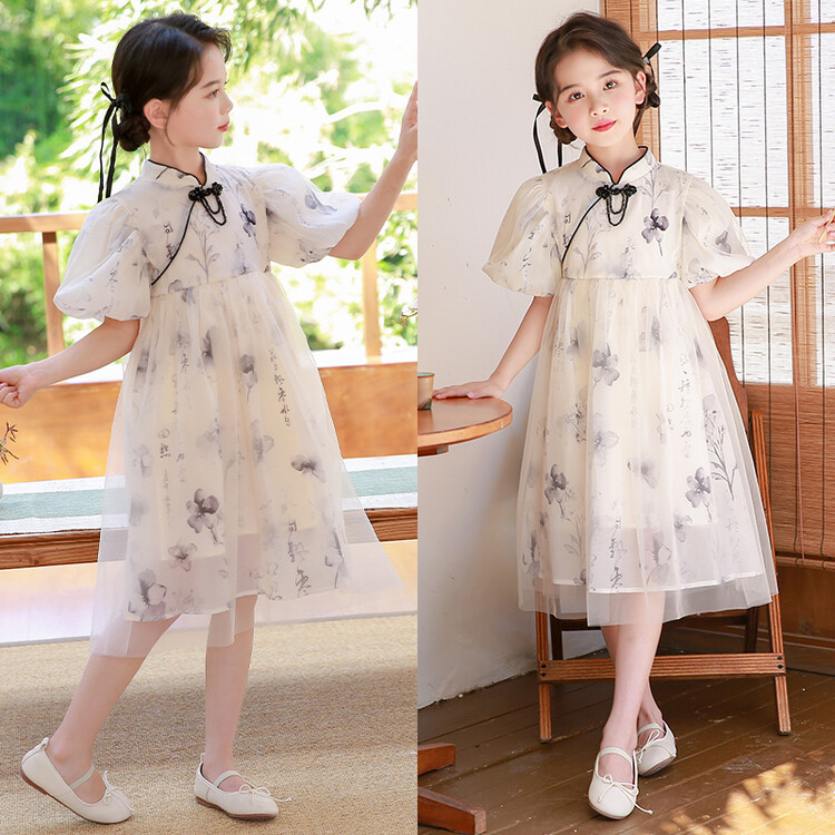 女童夏季新款连衣裙中国风中大童复古新中式网纱碎花时尚公主裙子