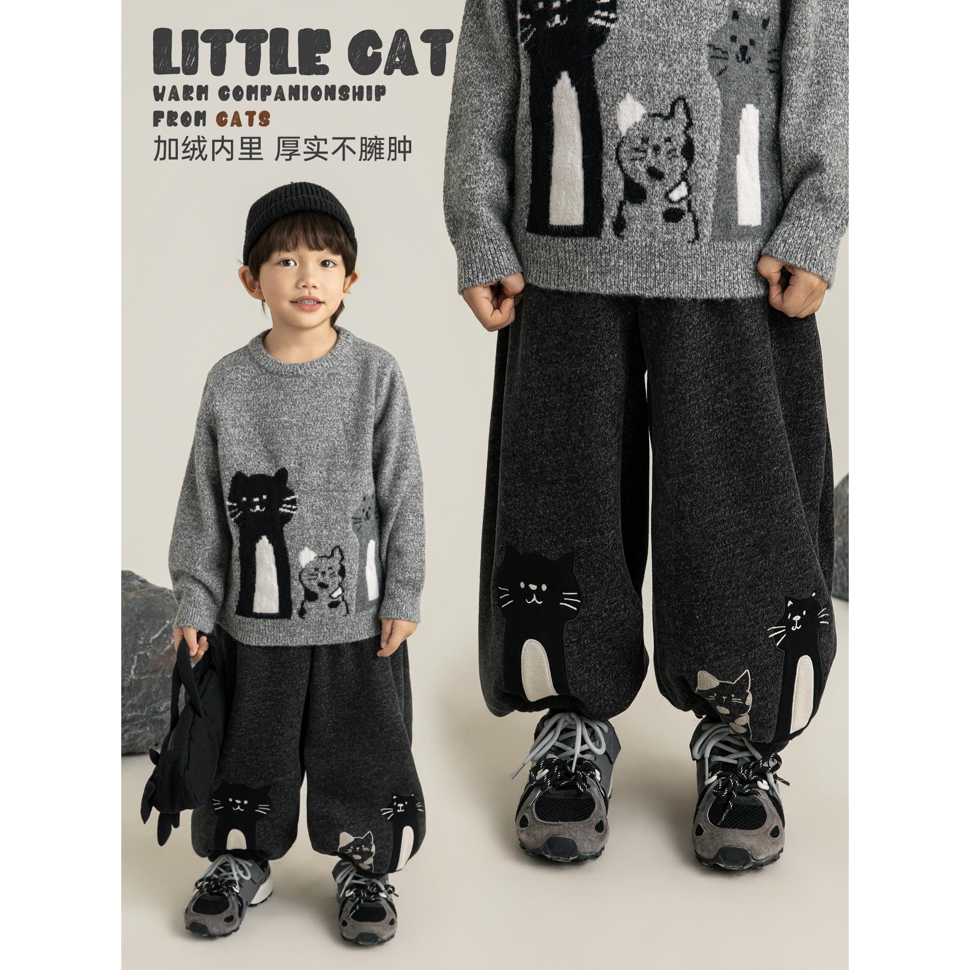 YOEHYAUL/幼悠【冬肆波】好打理猫咪贴布绣百搭加绒一体暖暖裤N7320