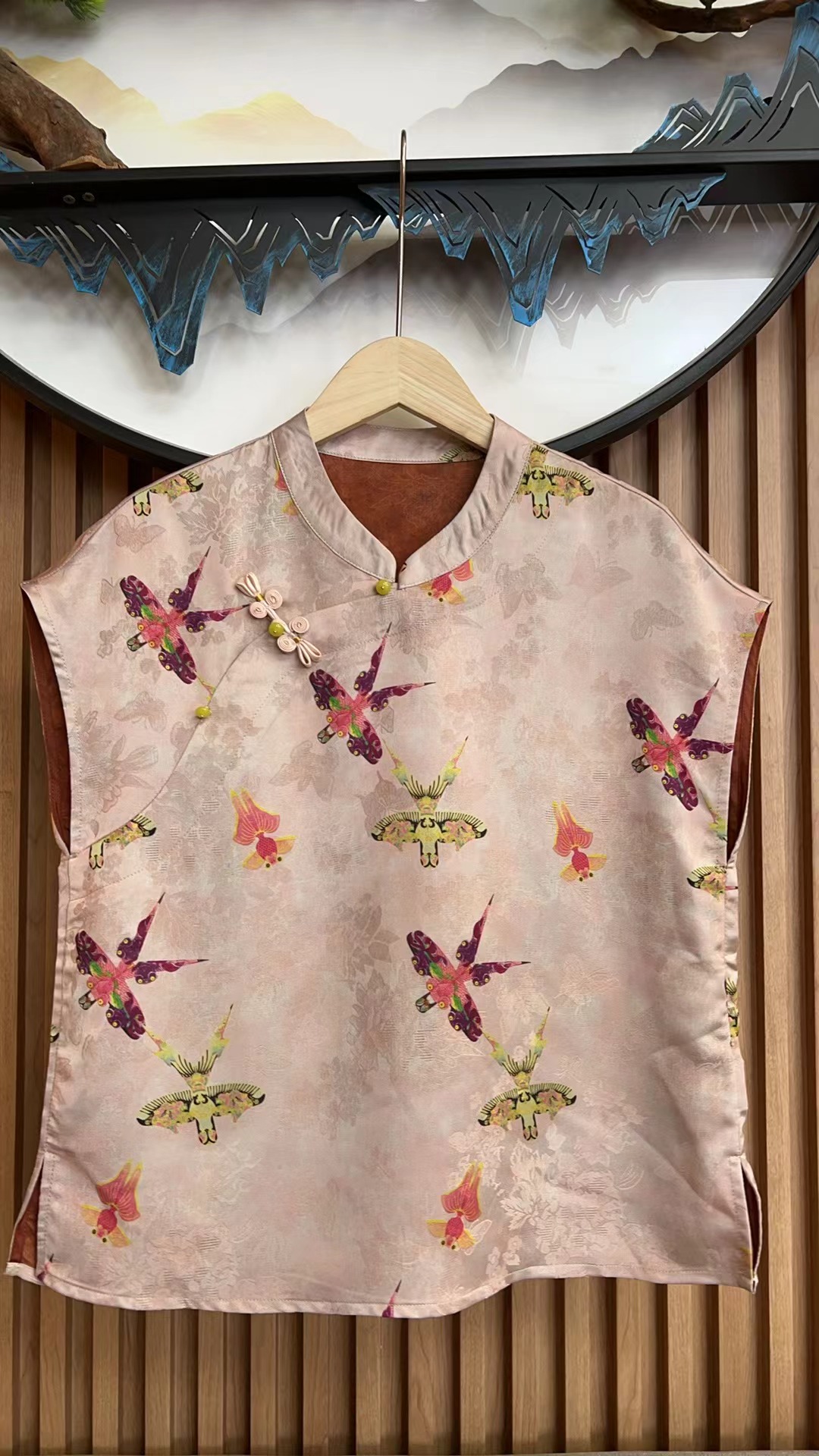 透气新中式唐装提花无袖双层短袖T恤国风植物花卉6043