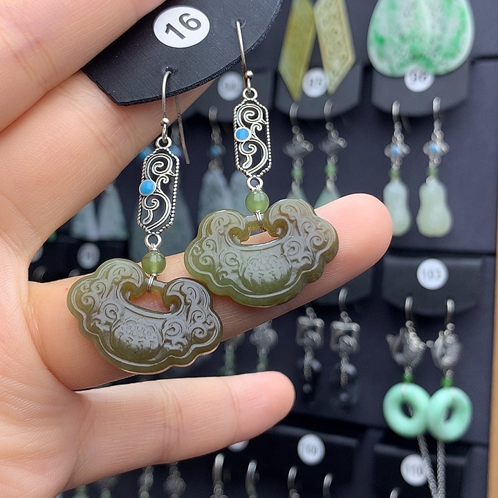 和田玉耳饰银S925镶嵌十*