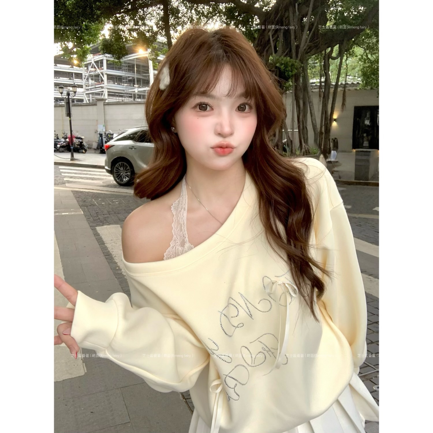 萌面侠芝士现货【聚焦限定】棉质挂脖背心蝴蝶结烫钻上衣7017 7013