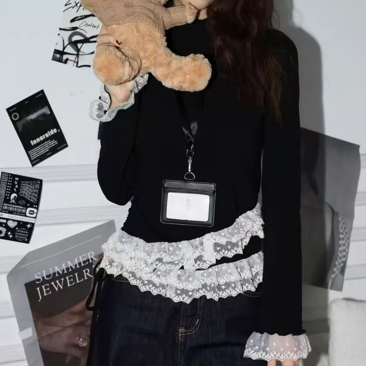 森系气质半高领长袖T恤蕾丝秋冬百搭磨毛打底衫