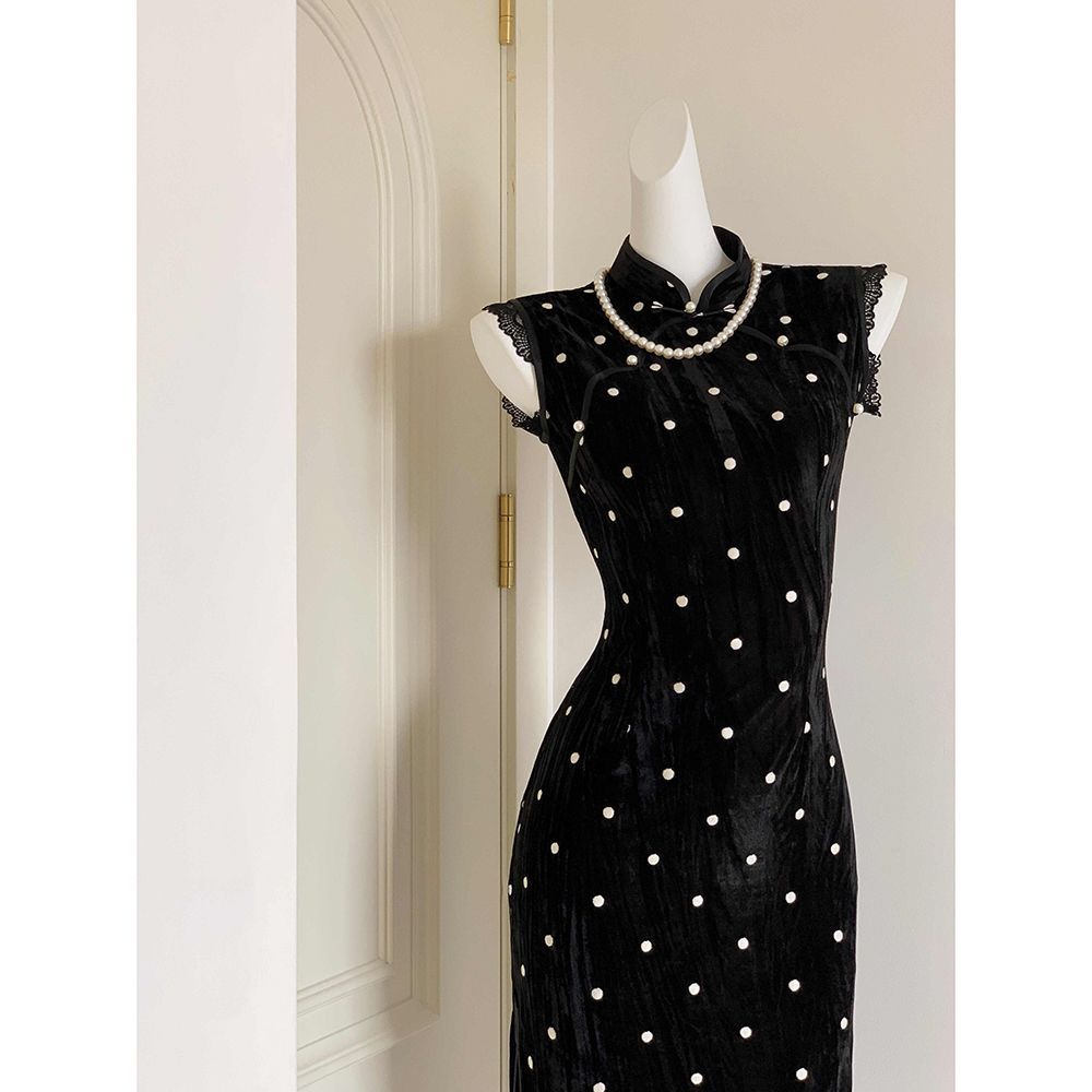 【波点】新中式连衣裙2025新款黑色波点百搭无袖日常改良国风旗袍