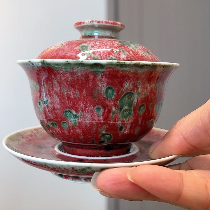 纯釉里红美人醉答谢款三才盖碗