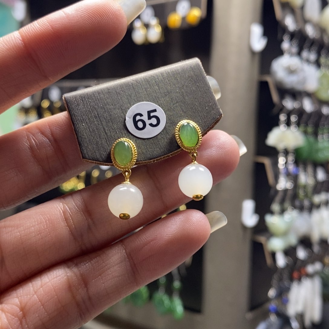 和田玉耳饰银S925镀金镶嵌烟**往