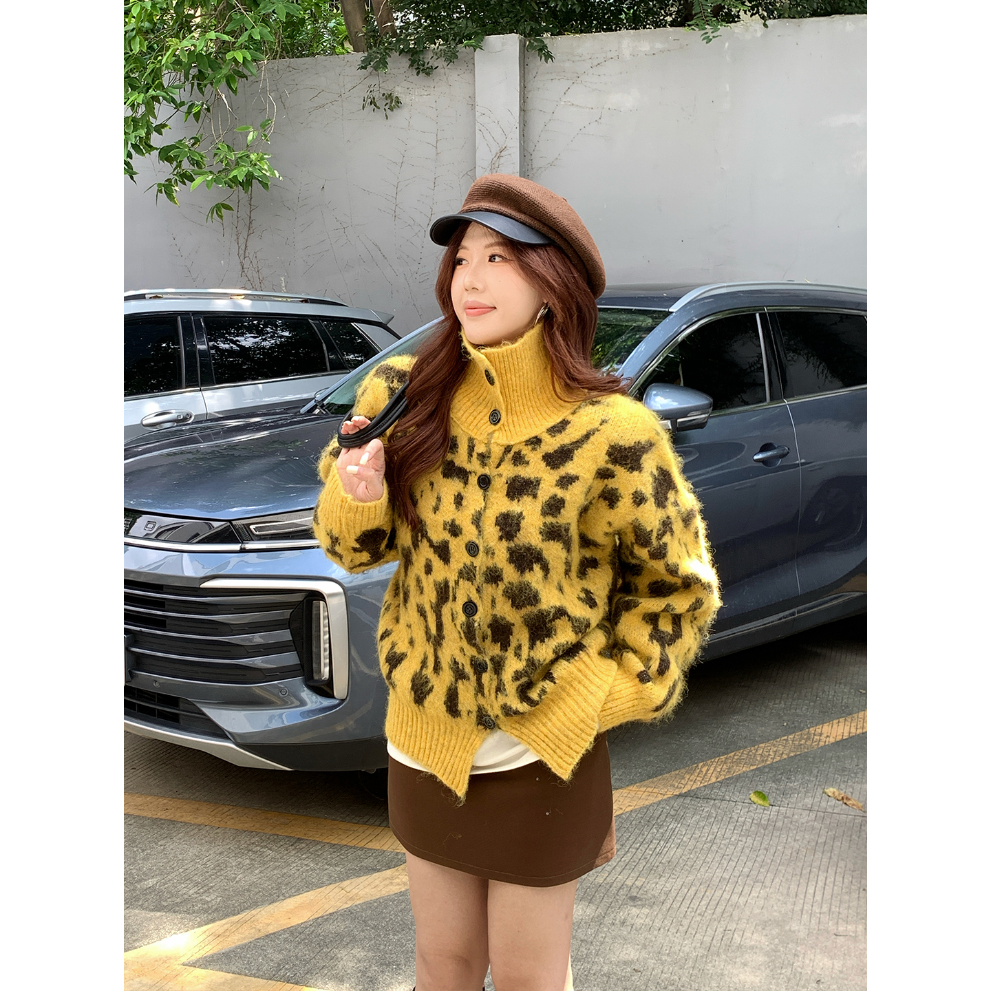 甜辣多多【豹纹爱日落】黄色豹纹慵懒风毛衣开衫女2025年秋冬上衣