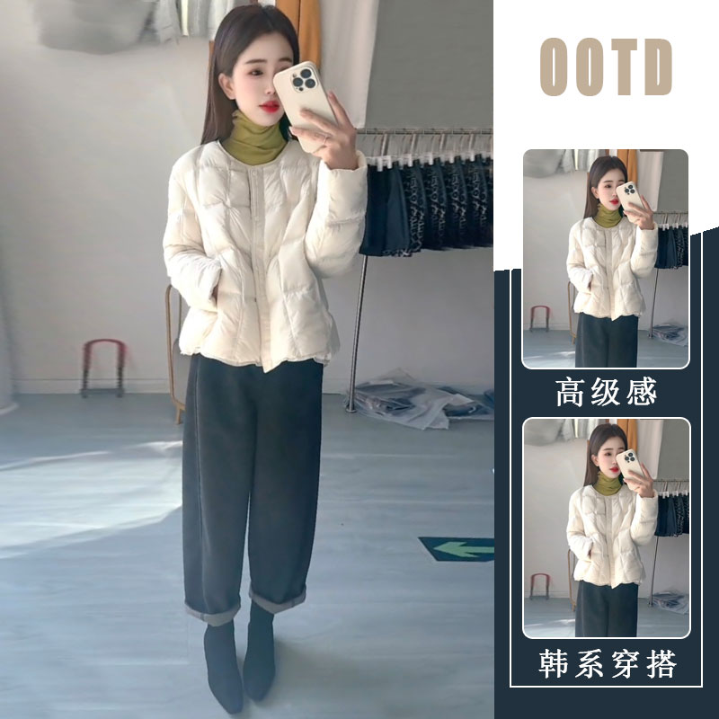 T257764+T257763时尚圆领显瘦保暖气质白色棉服灰色裤子两件套