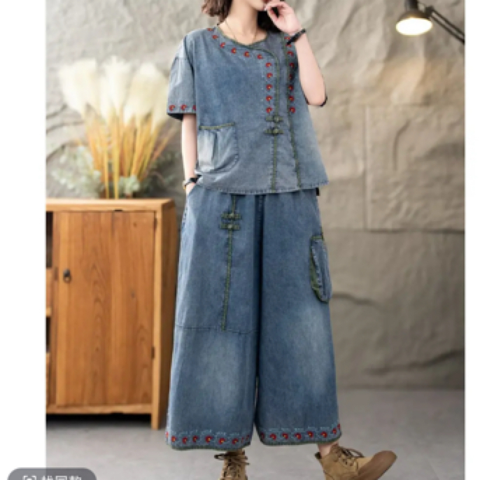 民族风中式女装复古港风裤子中国风夏季宽松时尚套装文艺