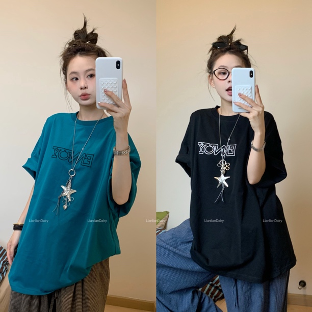 脸脸 （清苍款）宽松大码半袖体恤简约字母刺绣短袖T恤 no 退no换