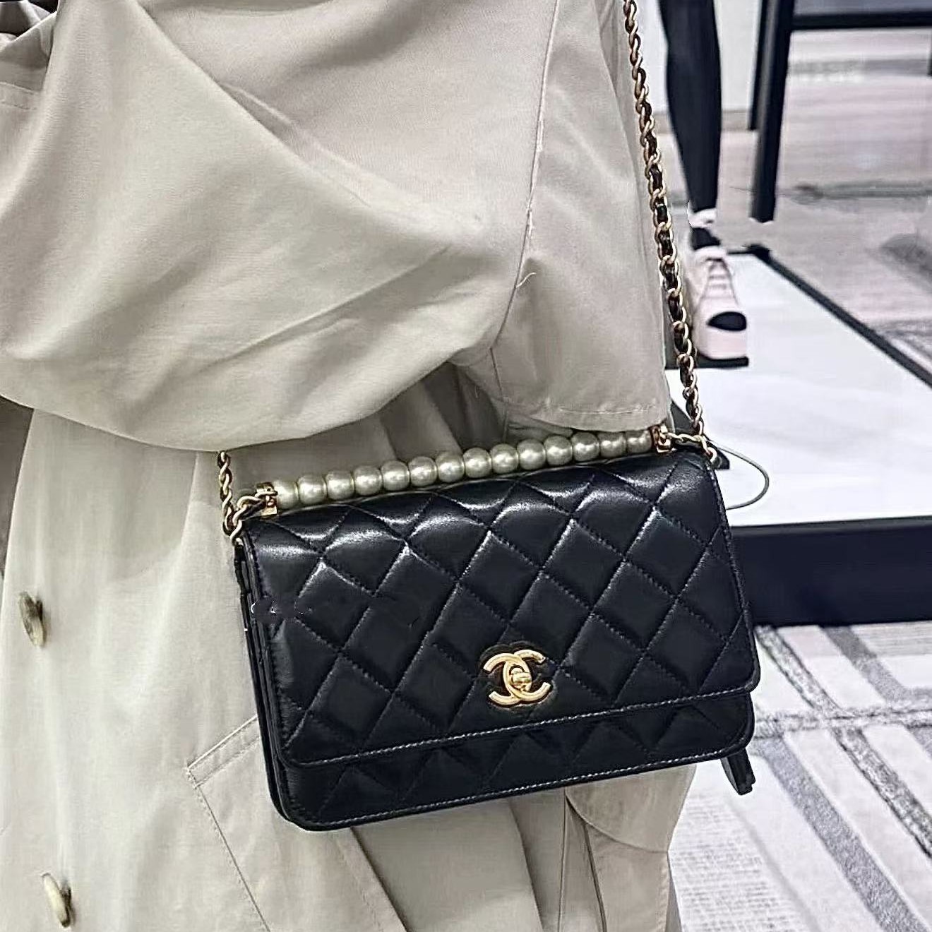 99新 Chanel/香奈儿 香奈儿25P珍珠链条发财woc黑金羊/优品