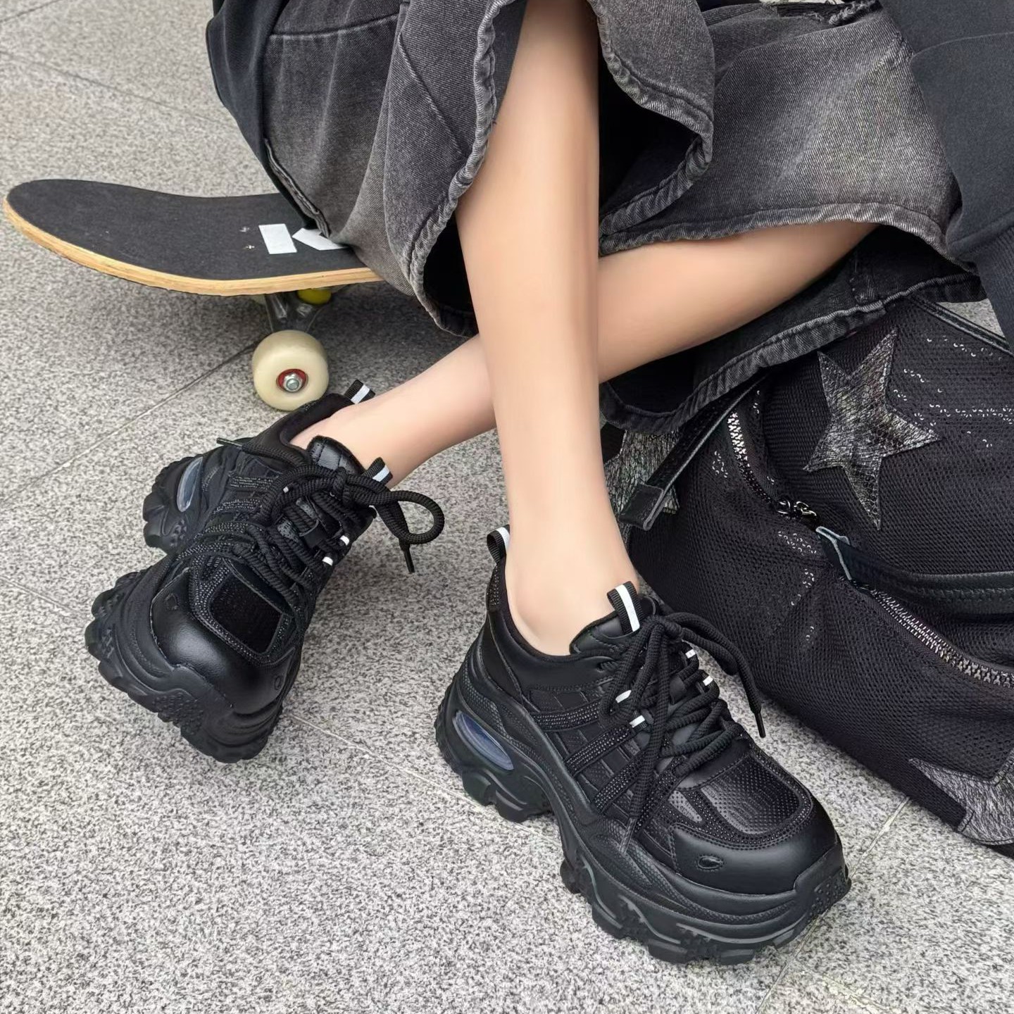 姬纯希慕纯羽真皮加绒水上漂老爹鞋运动鞋秋冬增高百搭松糕底厚底