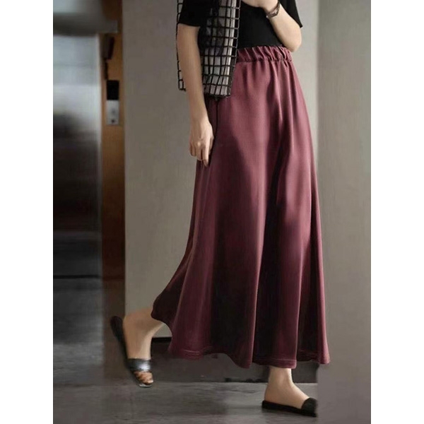 真丝+羊毛~M腰62-92长84松紧腰复古中长款宽松休闲半身裙 1266