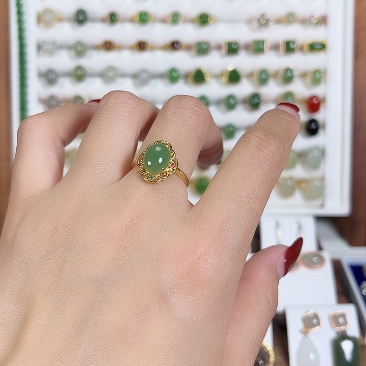 和田玉戒指银S925镀金镶嵌