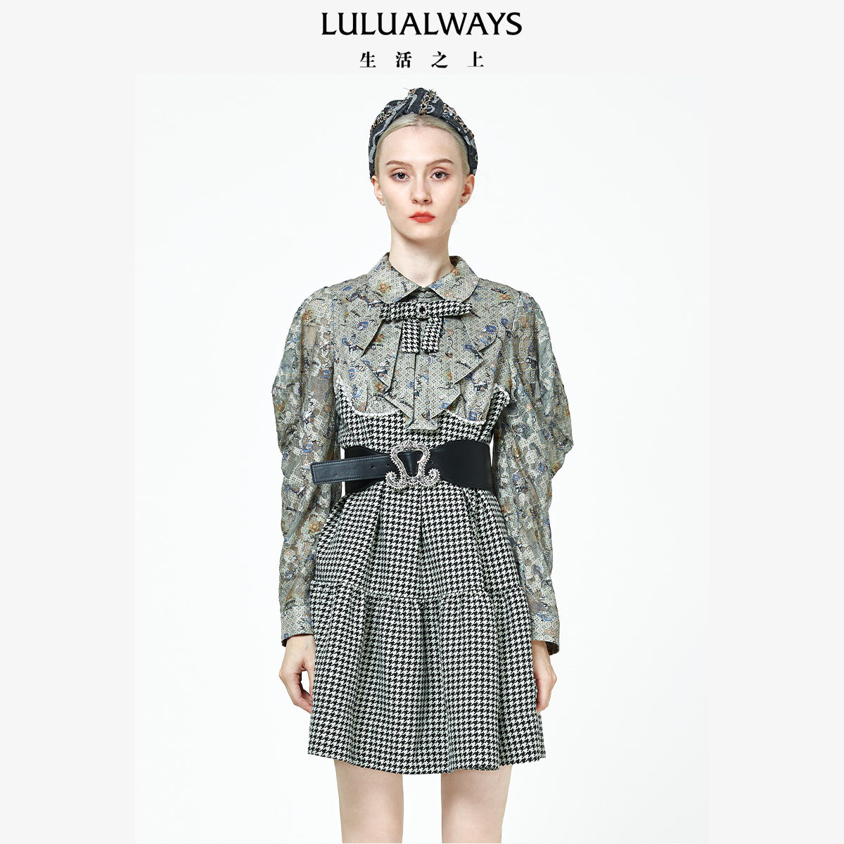 LULUALWAYS印花千鸟格收腰连衣裙显瘦长袖